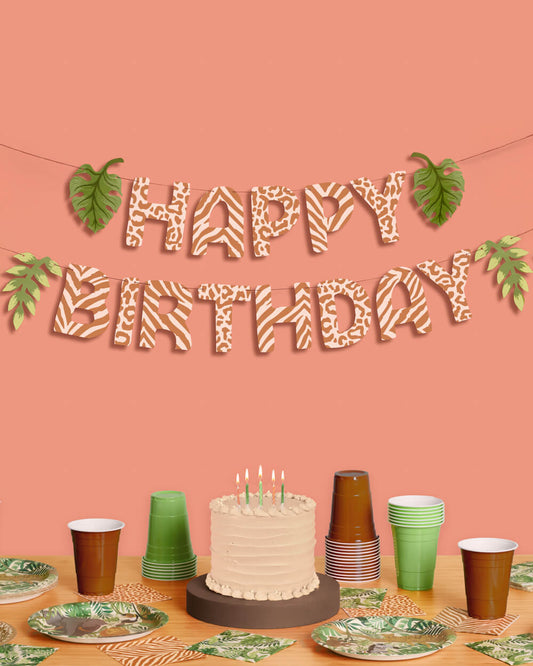 Safari Birthday Banner - animal print + leaf icons