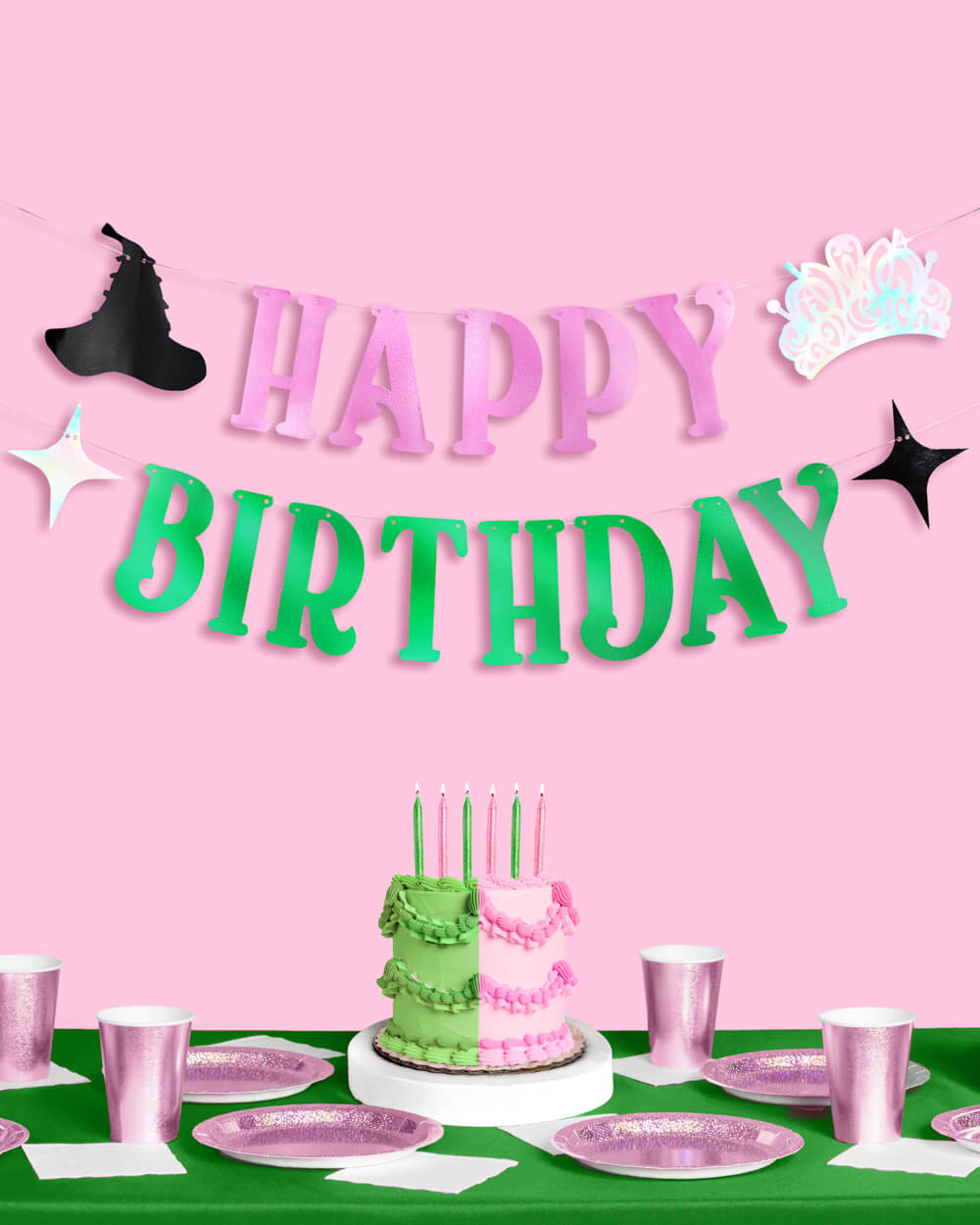 Birthday Witch Banner - pink + green foil banner