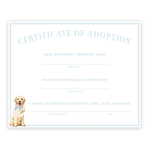 adopt a pet certificate - golden retriever