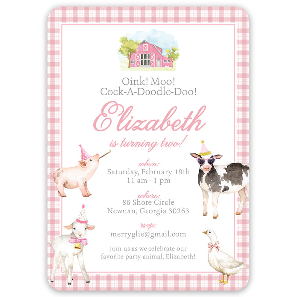 pink farm animal birthday invitation