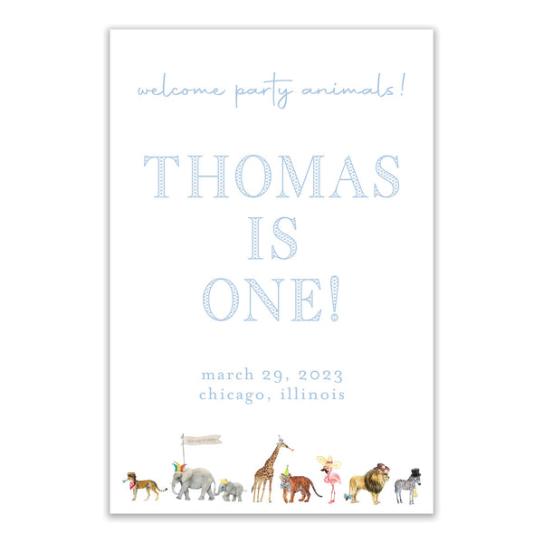 blue party animal welcome sign