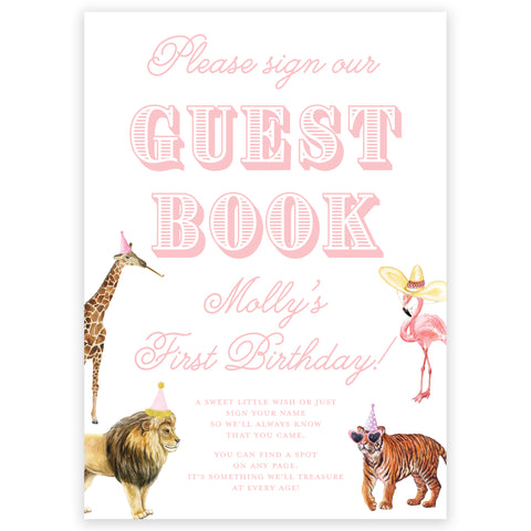 pink party animal guest book sign