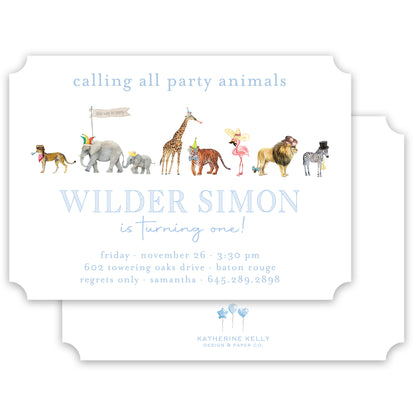 blue party animal birthday invitation