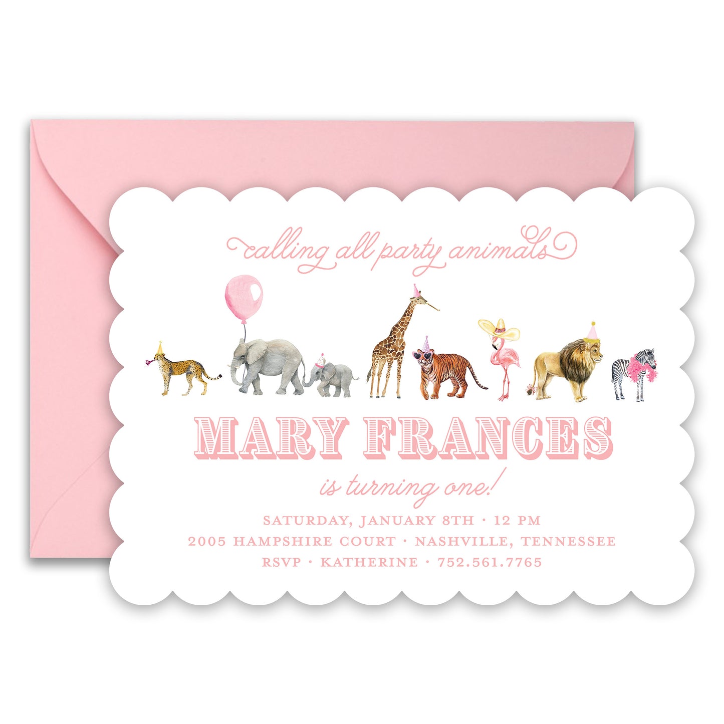 pink party animal invitation