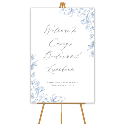 blue chinoiserie welcome sign