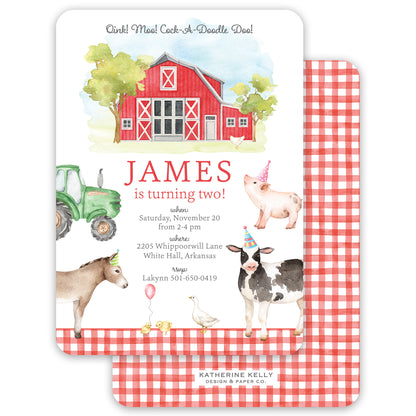 red farm animal birthday invitation