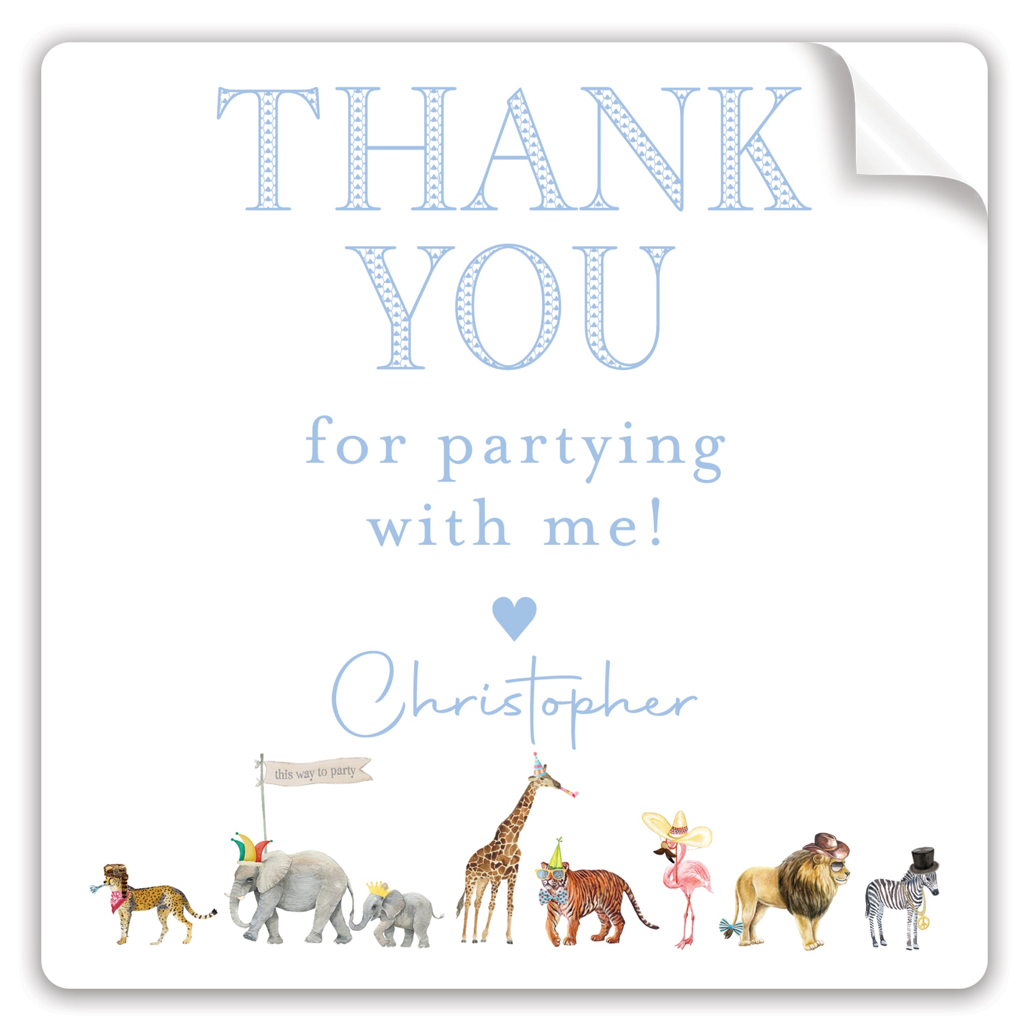 blue party animal thank you stickers