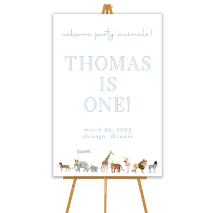 blue party animal welcome sign