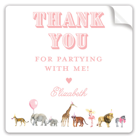 pink party animal thank you stickers