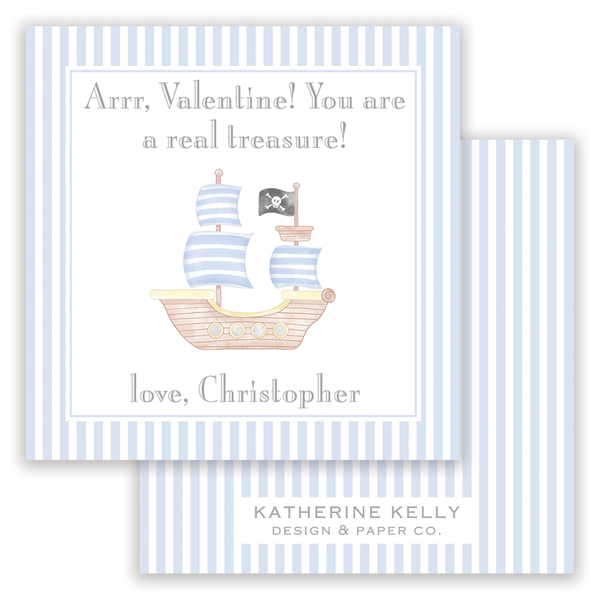 blue pirate ship valentine card